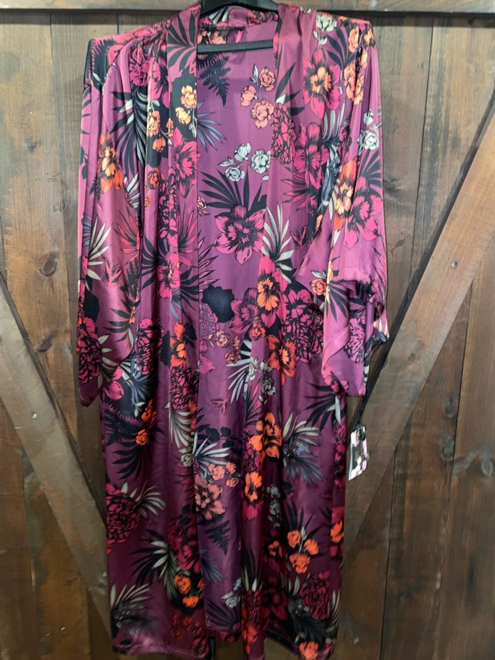 Floral Long Satin Kimono Robe - Burgundy